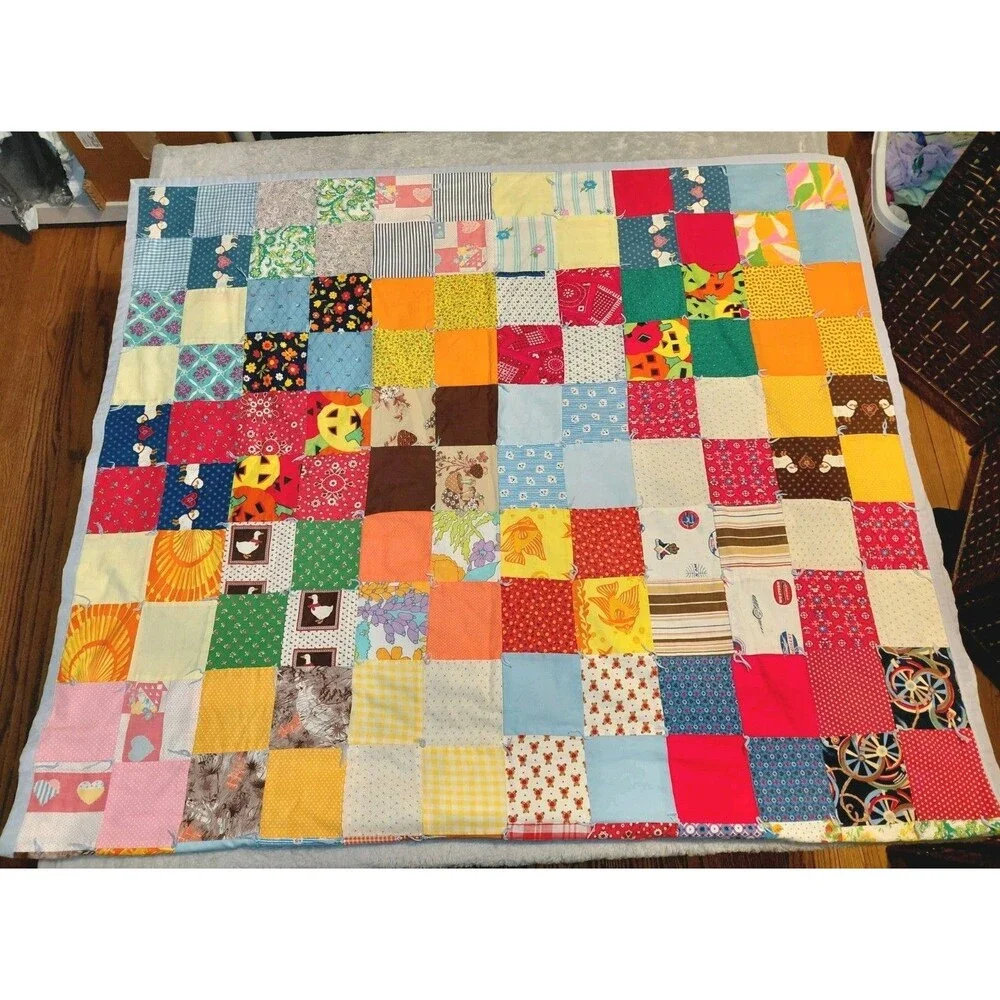 Vintage Scrap Patchwork Handmade Quilt Bright Floral Patches 80 X 40 READ DESC